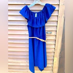 Justice Navy Blue Off-Shoulder sleeveless Dress eyelet with brown Belt girls 18